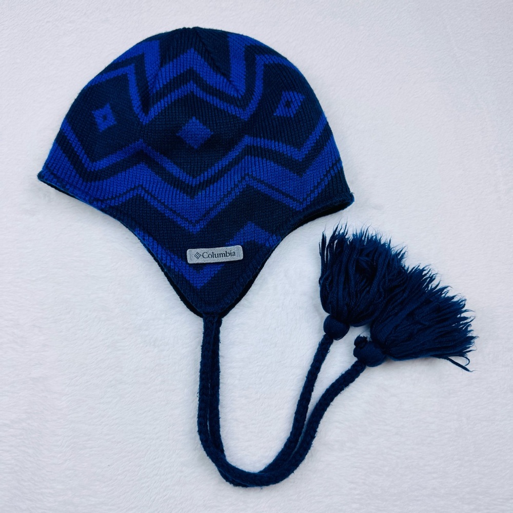 Columbia Youth Tassel Beanie Blue Geometric Pattern. Outdoor Ski Hat. One size.